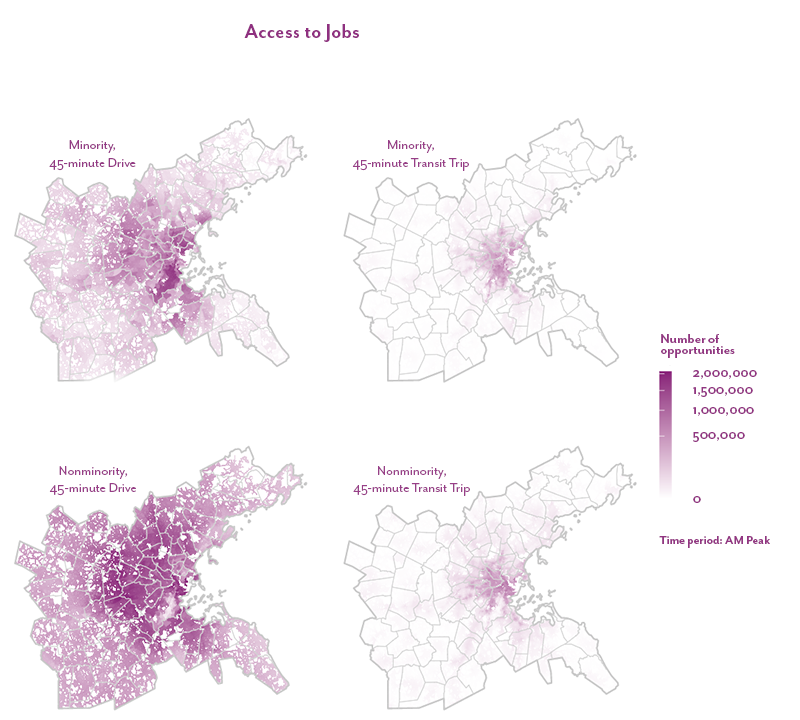 Figure 9 is a map that shows the number of job opportunities accessible within a 45-minute drive or public transit trip for the minority and non-minority populations living in the Boston region. 